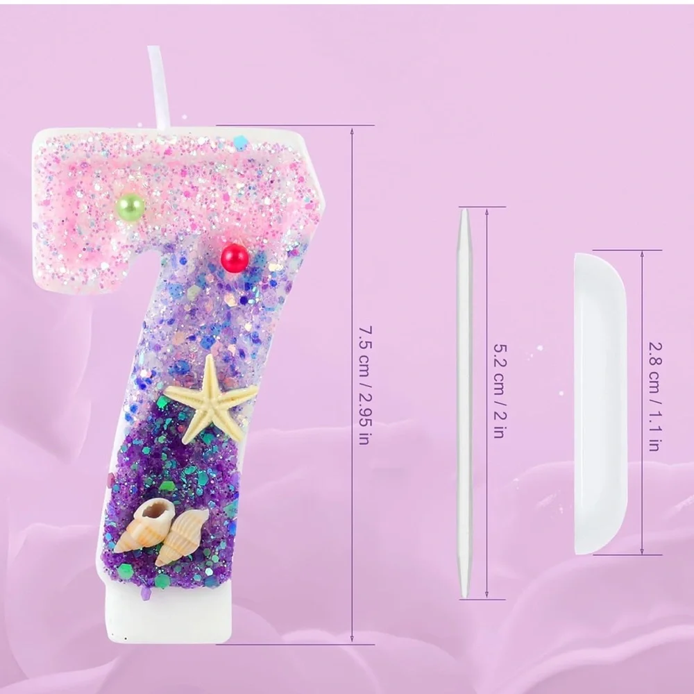 NWT Birthday Candles Pink Purple Number 7 Conchs Starfish Pearls Mermaid Party